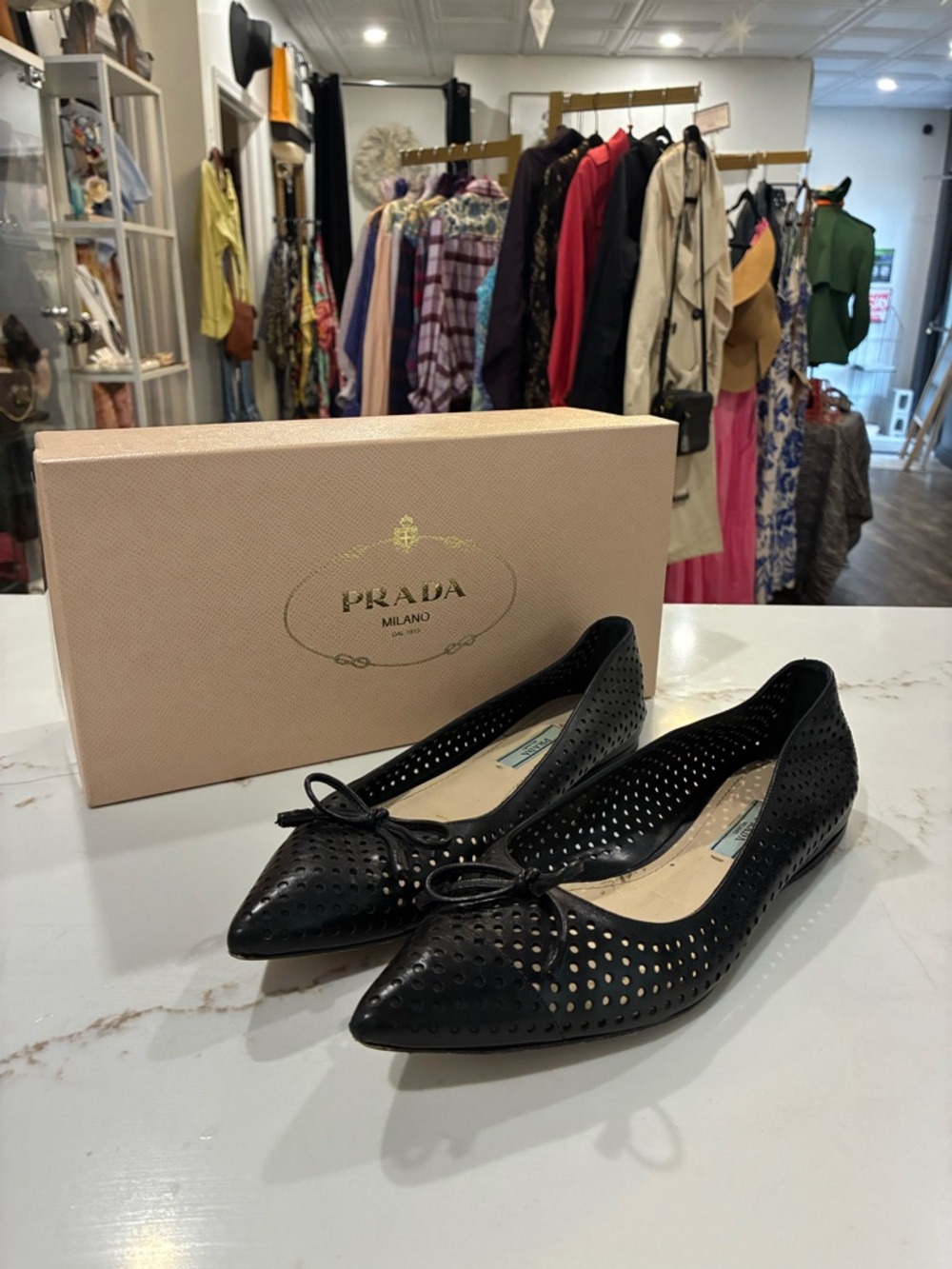Prada Black Perforated Leather Pointed Toe Flats